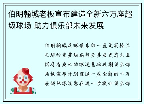 伯明翰城老板宣布建造全新六万座超级球场 助力俱乐部未来发展